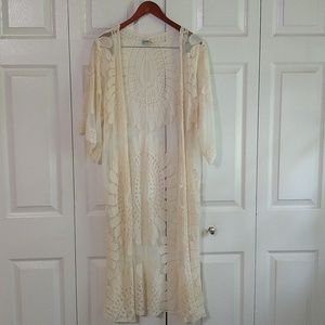 Beige lace long short sleeve cardigan/swim suit cover up size large